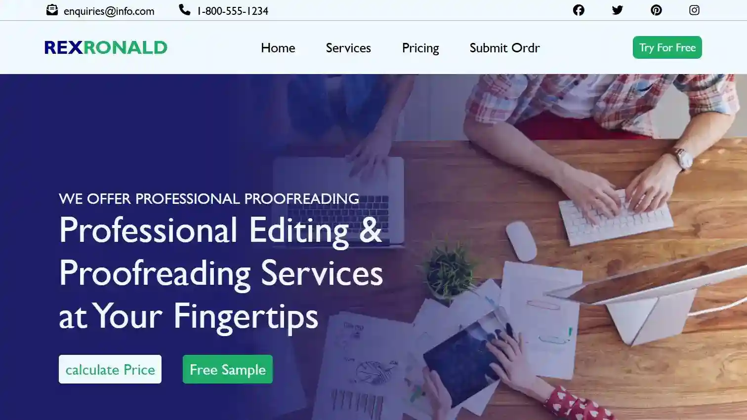 Professional service website interface displaying services for editing and proofreading.